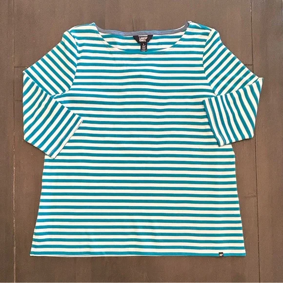 Land's End blue white nautical preppy 3/4 Sleeve Boat Neck Pima Cotton top NWT L - Picture 3 of 8
